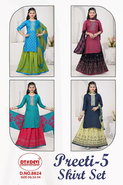 Preeti Vol 5 8824 Dt Devi Rayon Girls Readymade Skirt Style Suits Supplier Gujarat