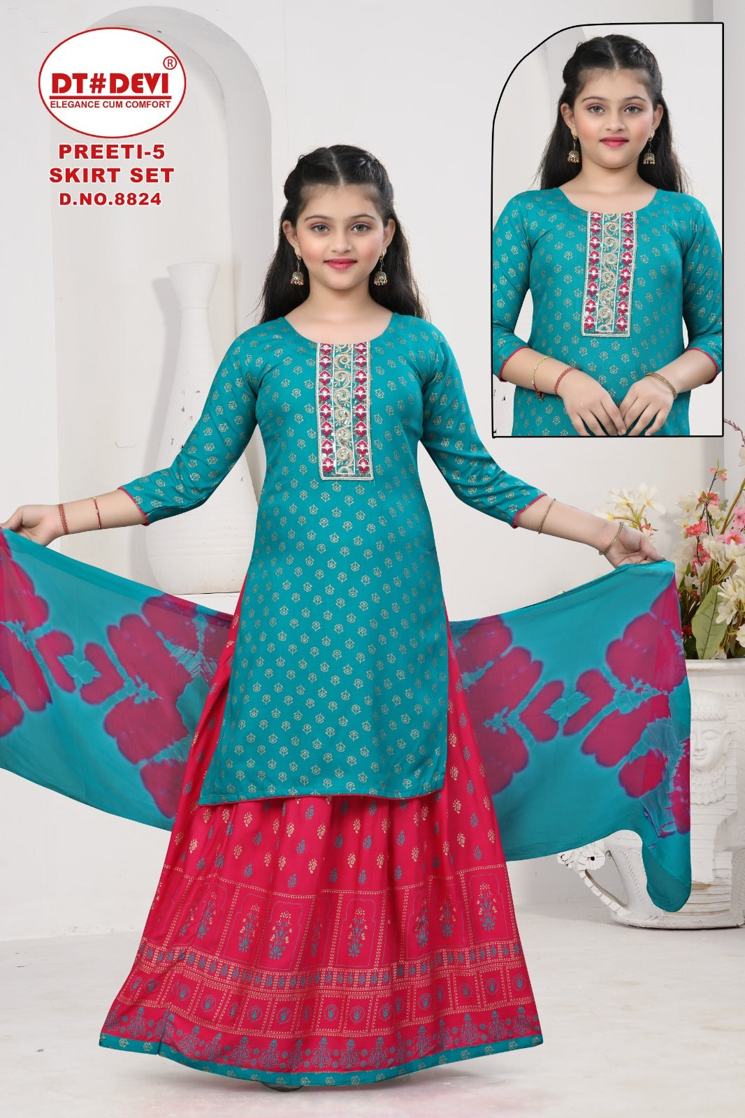 Preeti Vol 5 8824 Dt Devi Rayon Girls Readymade Skirt Style Suits Supplier Gujarat