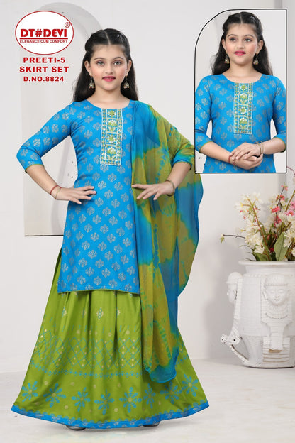 Preeti Vol 5 8824 Dt Devi Rayon Girls Readymade Skirt Style Suits Supplier Gujarat