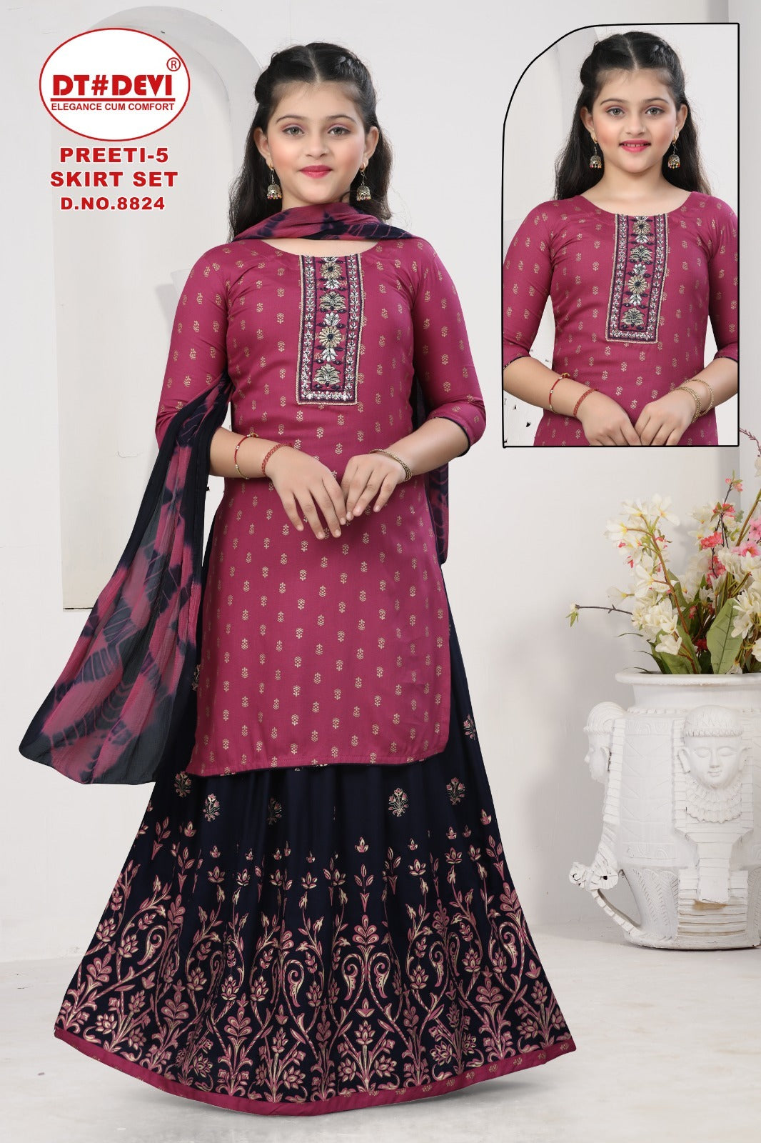 Preeti Vol 5 8824 Dt Devi Rayon Girls Readymade Skirt Style Suits Supplier Gujarat