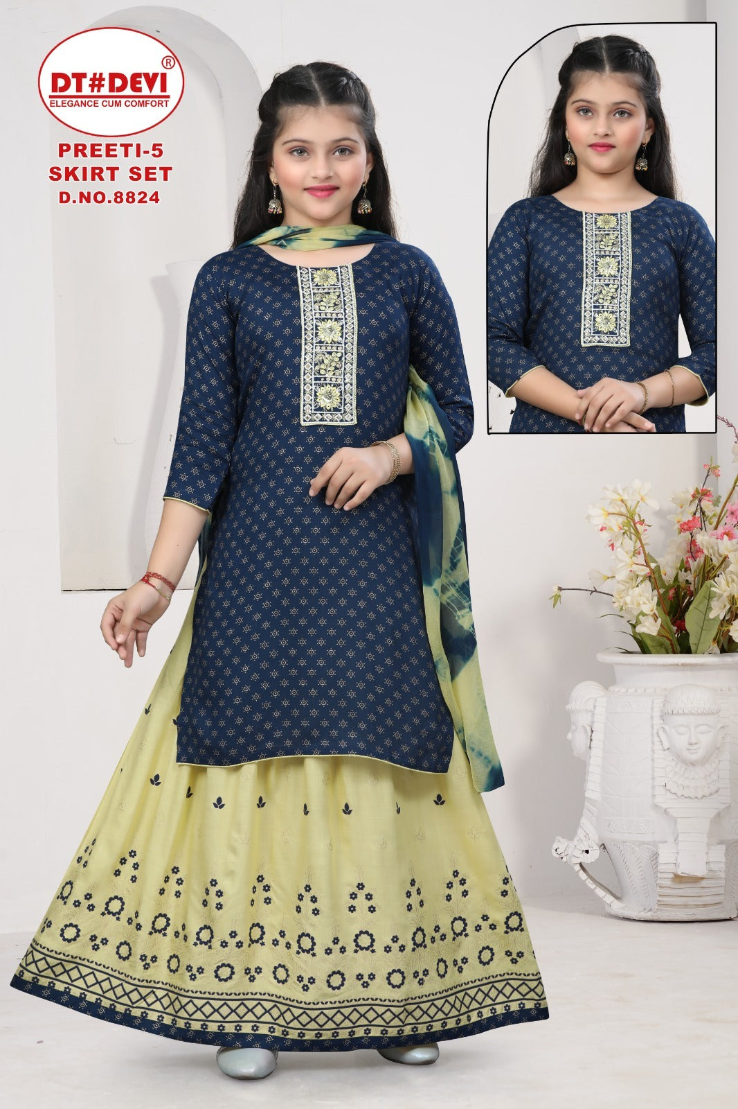 Preeti Vol 5 8824 Dt Devi Rayon Girls Readymade Skirt Style Suits Supplier Gujarat