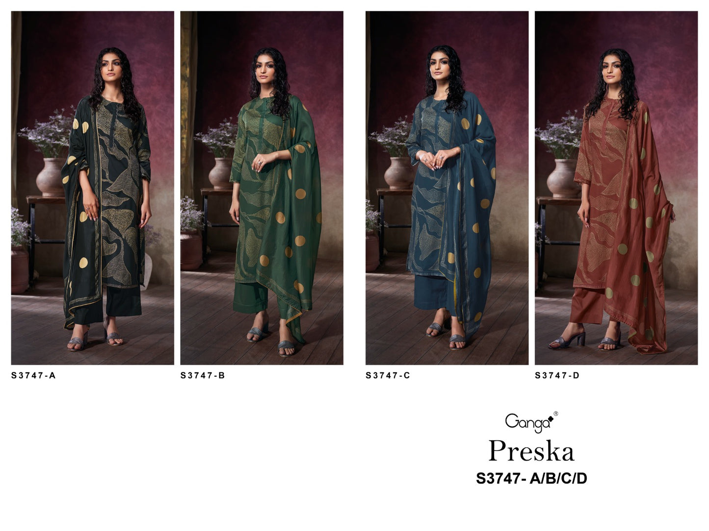 Preska 3747 Ganga Premium Cotton Plazzo Style Suits Manufacturer Ahmedabad