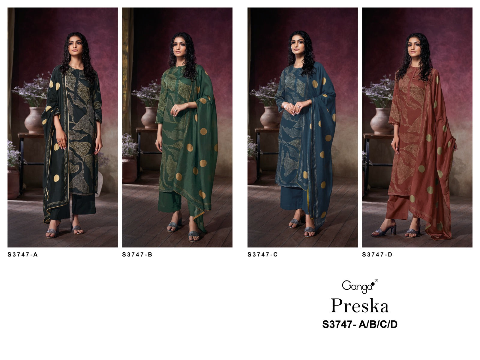 Preska 3747 Ganga Premium Cotton Plazzo Style Suits Manufacturer Ahmedabad