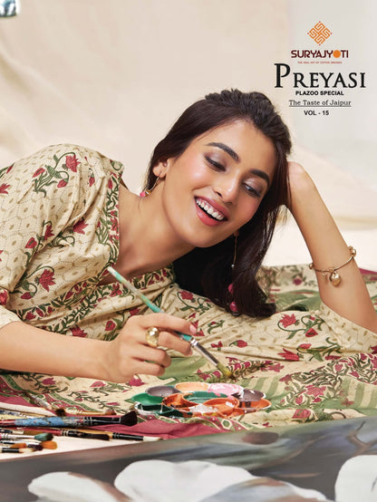 Preyasi Vol 15 Plazzo Special Suryajyoti Readymade Cotton Pant Suits Exporter Gujarat