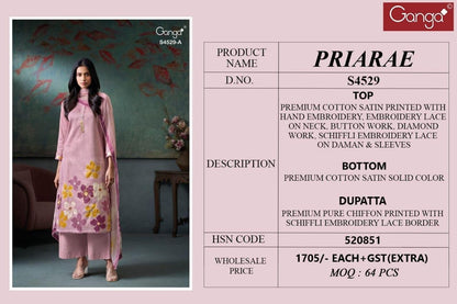 Priarae S4529 Ganga Cotton Satin Plazzo Style Suits Wholesale