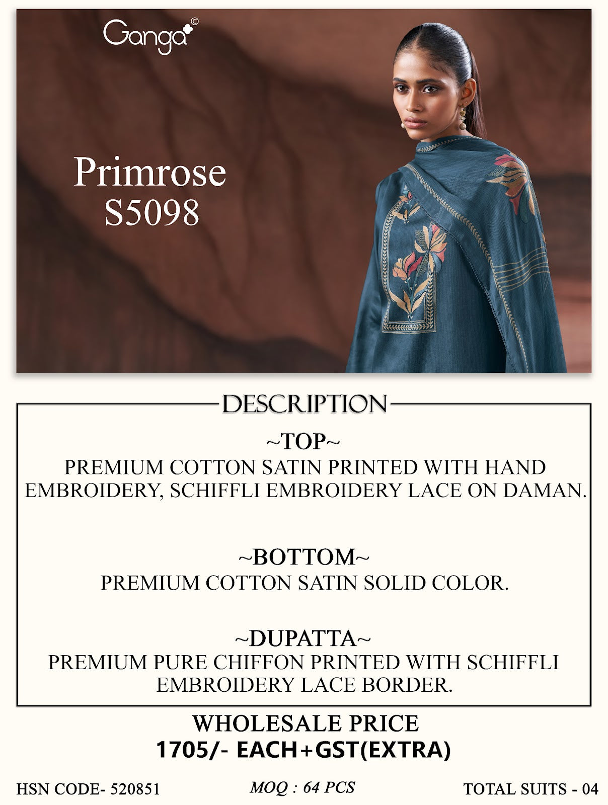 Primrose S5098 Ganga Cotton Satin Pant Style Suits Supplier India