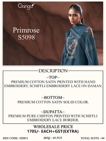 Primrose S5098 Ganga Cotton Satin Pant Style Suits Supplier India