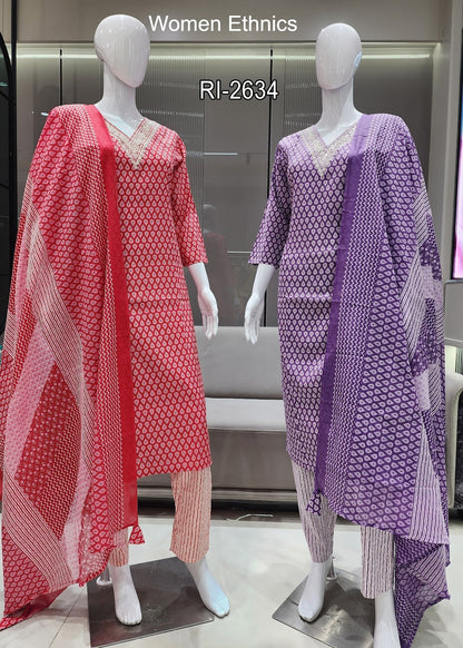 Print 02 Women Ethnics Cotton Slub Readymade Pant Style Suits Manufacturer Ahmedabad