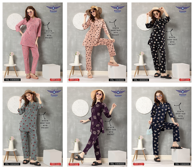 Print 10030 D Grab It Sinker Kurta Night Suits Manufacturer India