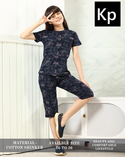 Print 120626 Kp Cotton Girls Capri Night Suits Supplier Ahmedabad