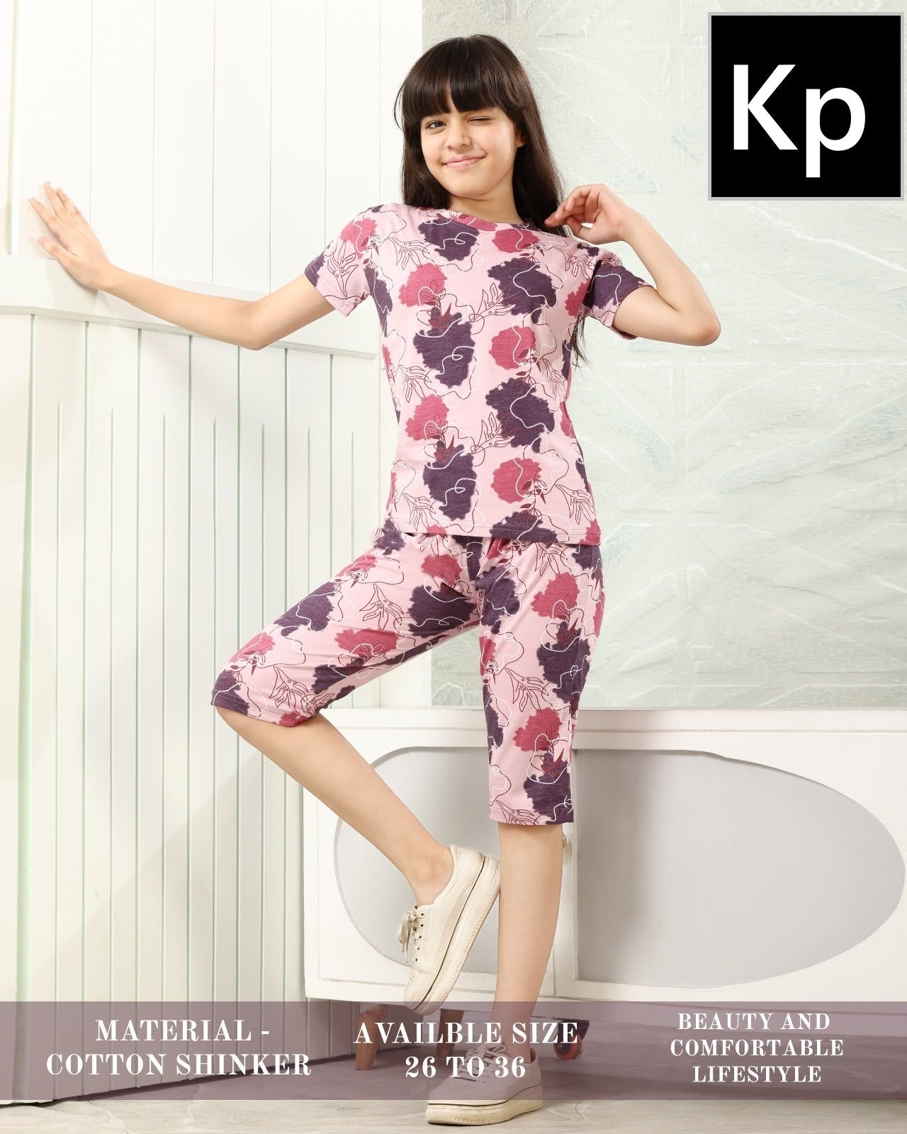 Print 120626 Kp Cotton Girls Capri Night Suits Supplier Ahmedabad