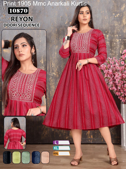 Print 1905 Mmc Reyon Anarkali Kurtis Exporter