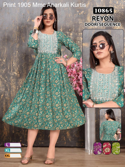 Print 1905 Mmc Reyon Anarkali Kurtis Exporter
