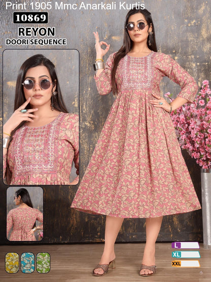 Print 1905 Mmc Reyon Anarkali Kurtis Exporter