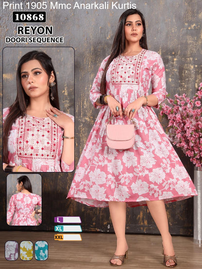 Print 1905 Mmc Reyon Anarkali Kurtis Exporter