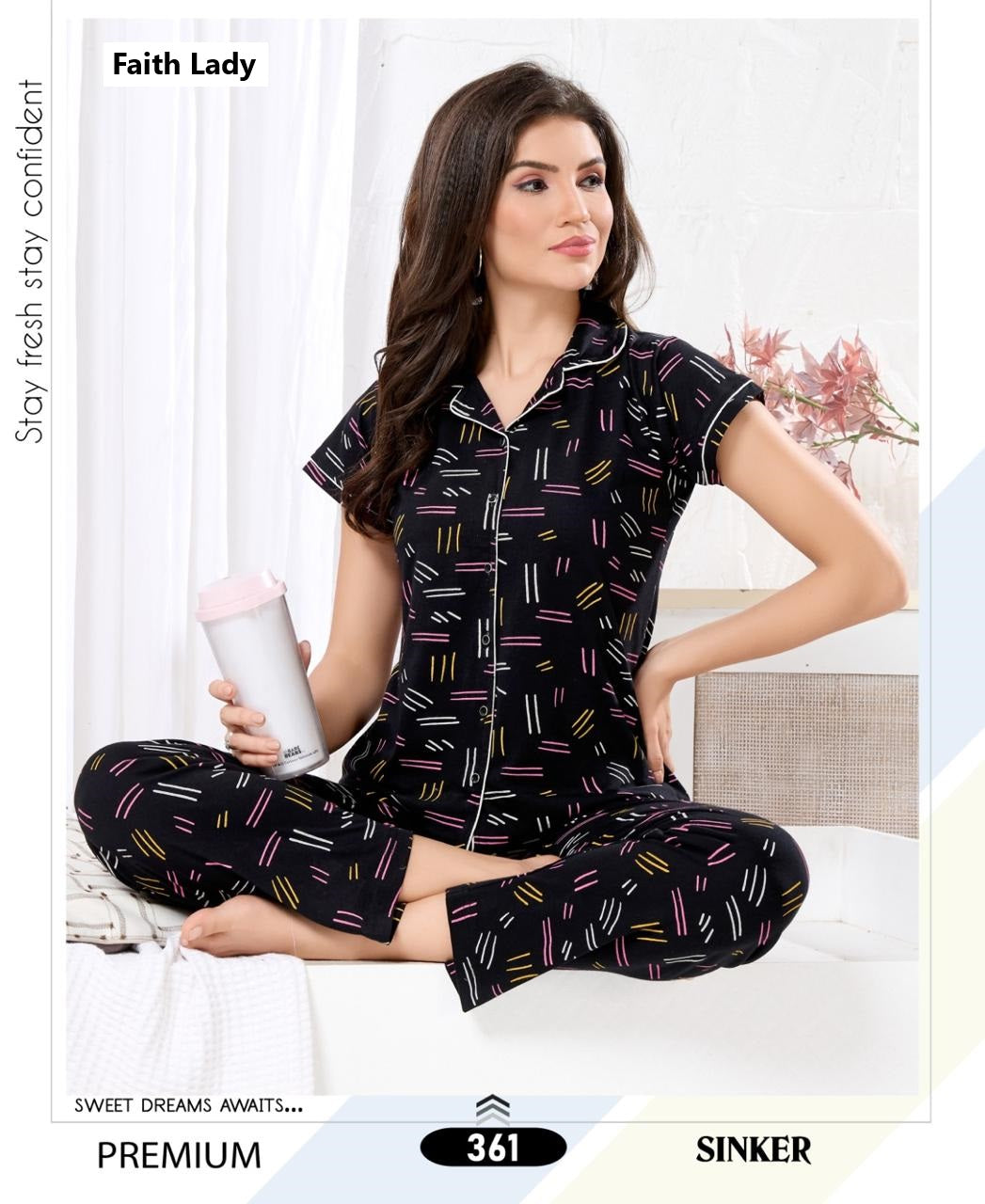 Print 2611 Faith Lady Hosiery Collar Night Suits Exporter