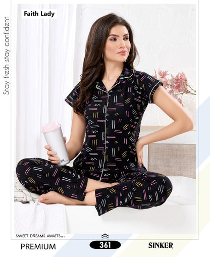 Print 2611 Faith Lady Hosiery Collar Night Suits Exporter