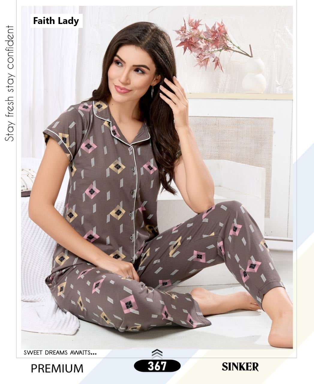 Print 2611 Faith Lady Hosiery Collar Night Suits Exporter