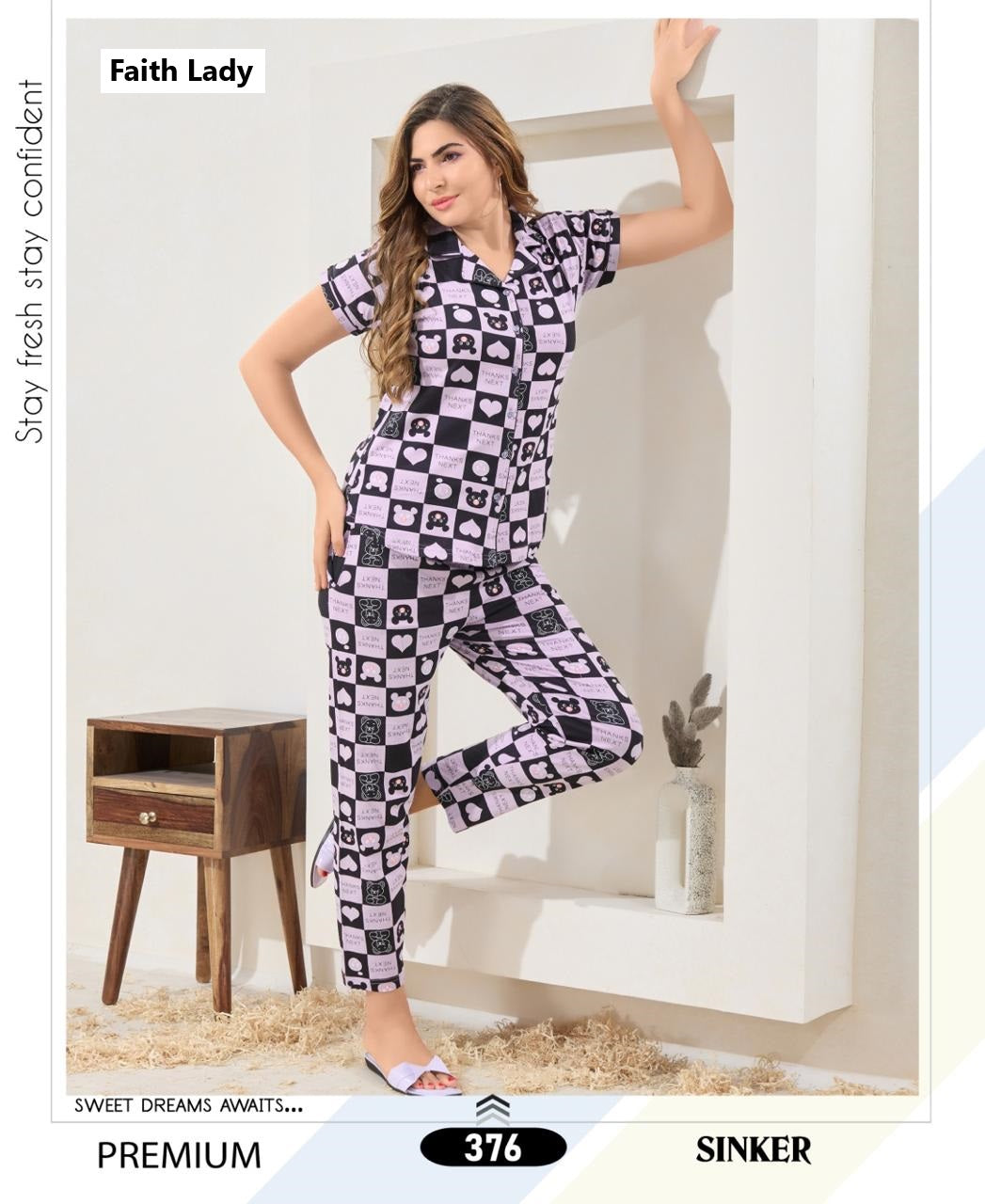 Print 2611 Faith Lady Hosiery Collar Night Suits Exporter