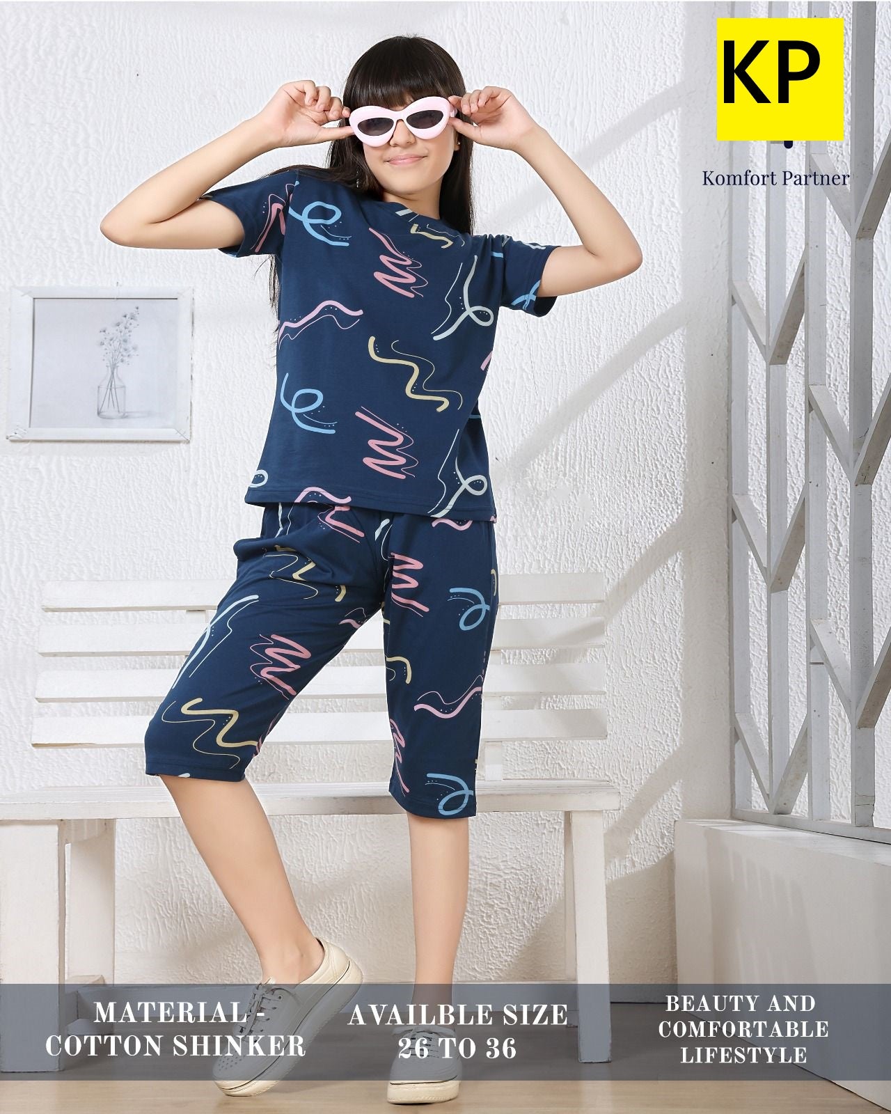 Print 270326 Kp Sinker Girls Capri Night Suits Manufacturer India