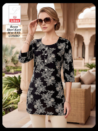 Print 300626 Amiti Cotton Rayon Short Kurtis Manufacturer Ahmedabad
