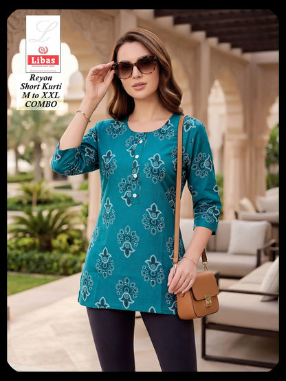 Print 300626 Amiti Cotton Rayon Short Kurtis Manufacturer Ahmedabad