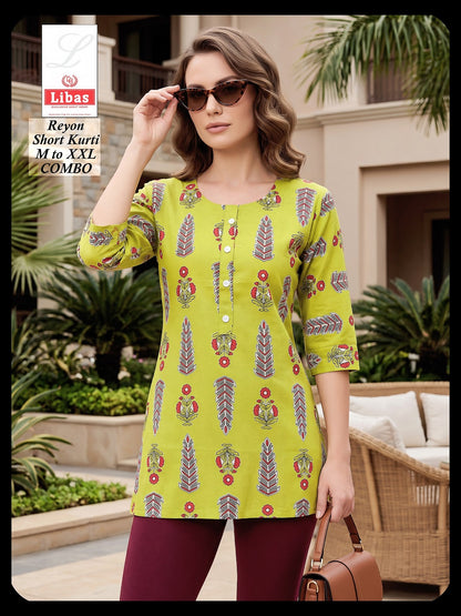 Print 300626 Amiti Cotton Rayon Short Kurtis Manufacturer Ahmedabad