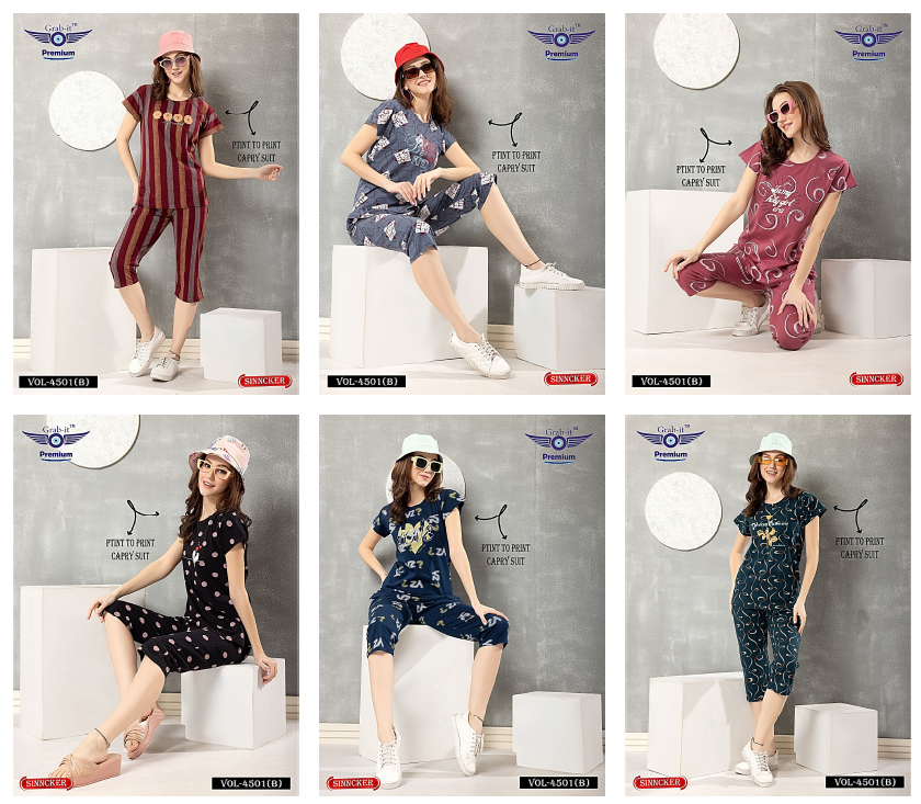 Print 4501 B Grab It Sinker Capri Night Suits Wholesale Price