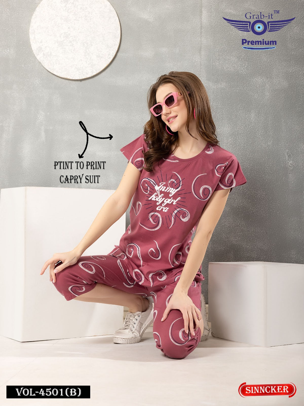 Print 4501 B Grab It Sinker Capri Night Suits Wholesale Price