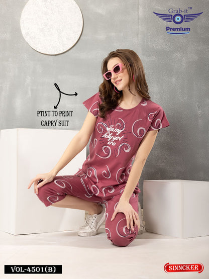 Print 4501 B Grab It Sinker Capri Night Suits Wholesale Price