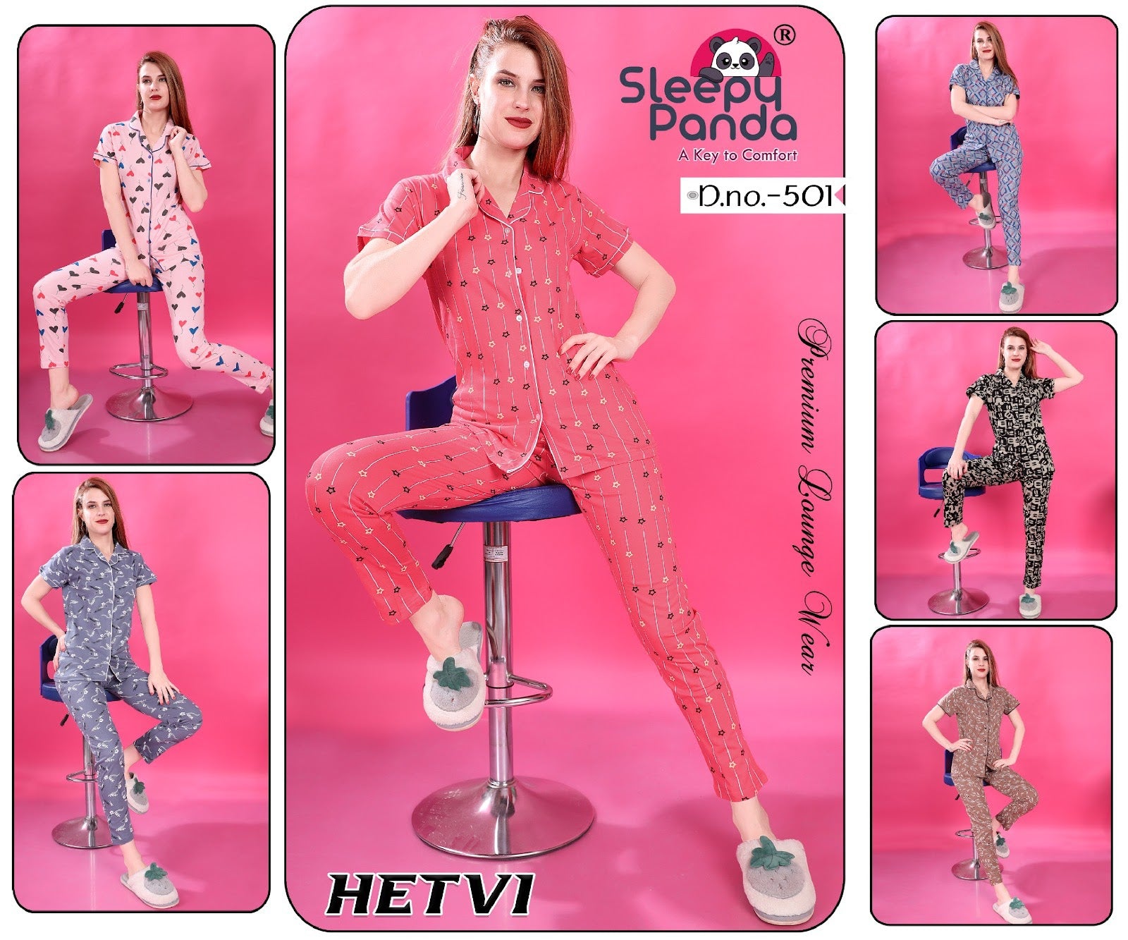 Print 501 Hetvi Sleepy Panda Cotton Collar Night Suits Wholesale Price