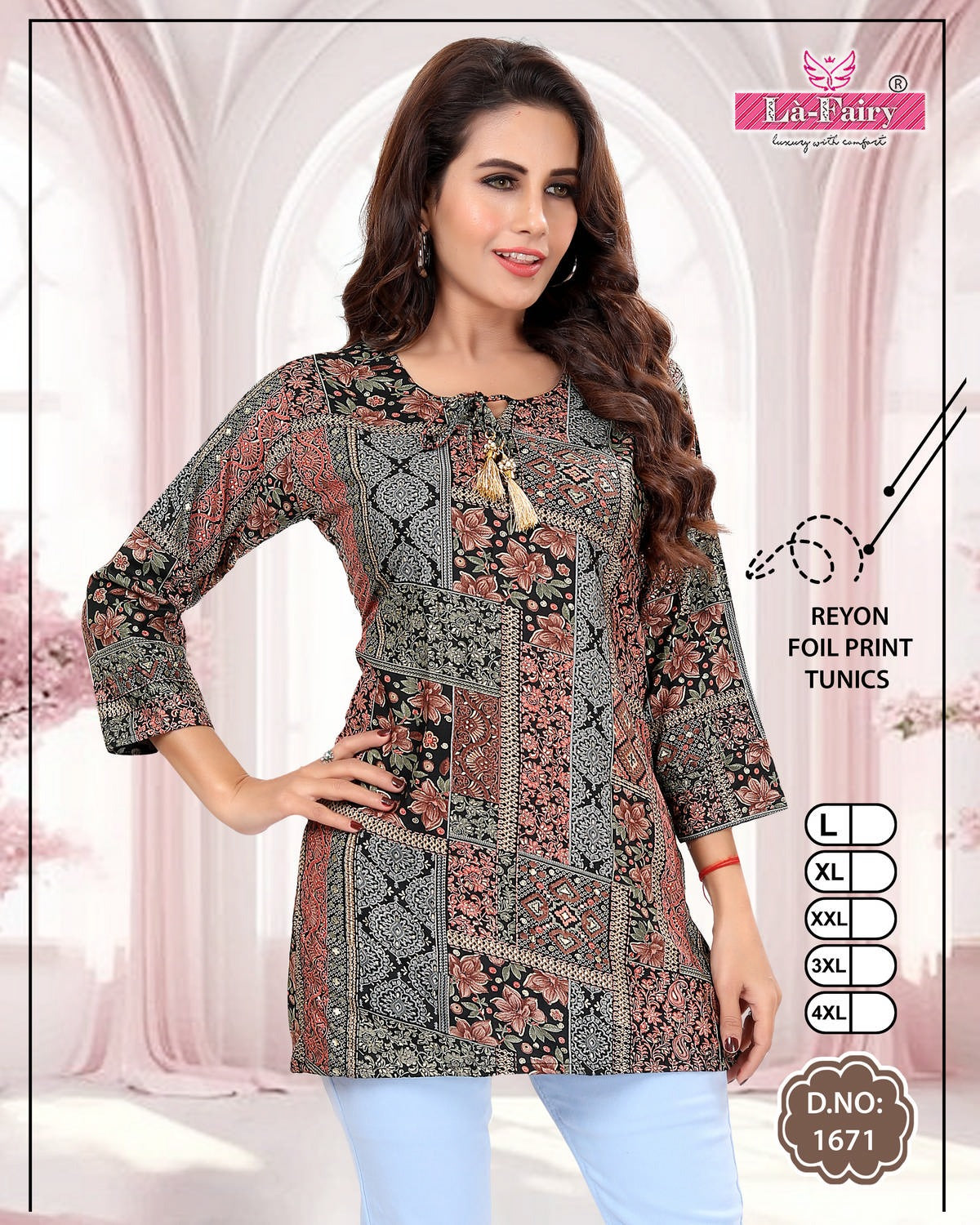 Print Design 1671-1672 La Fairy Rayon Foil Short Kurtis Exporter India