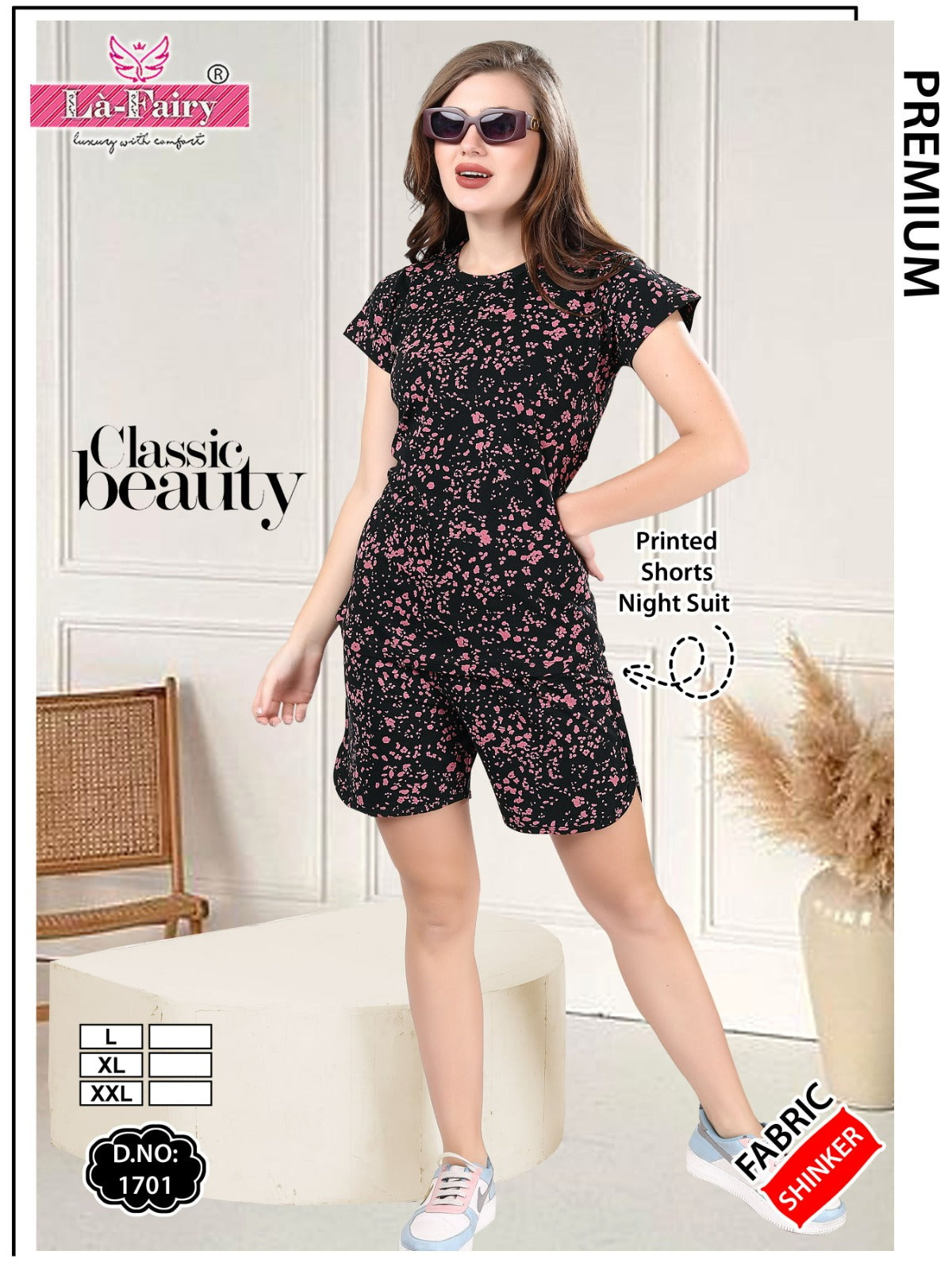 Print Design 1701 La Fairy Sinker Shorts Night Suits Wholesale Rate