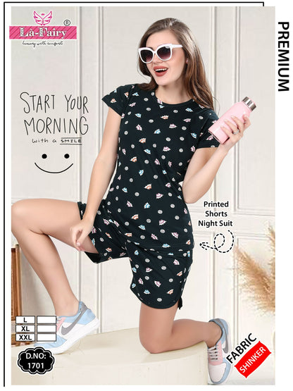 Print Design 1701 La Fairy Sinker Shorts Night Suits Wholesale Rate