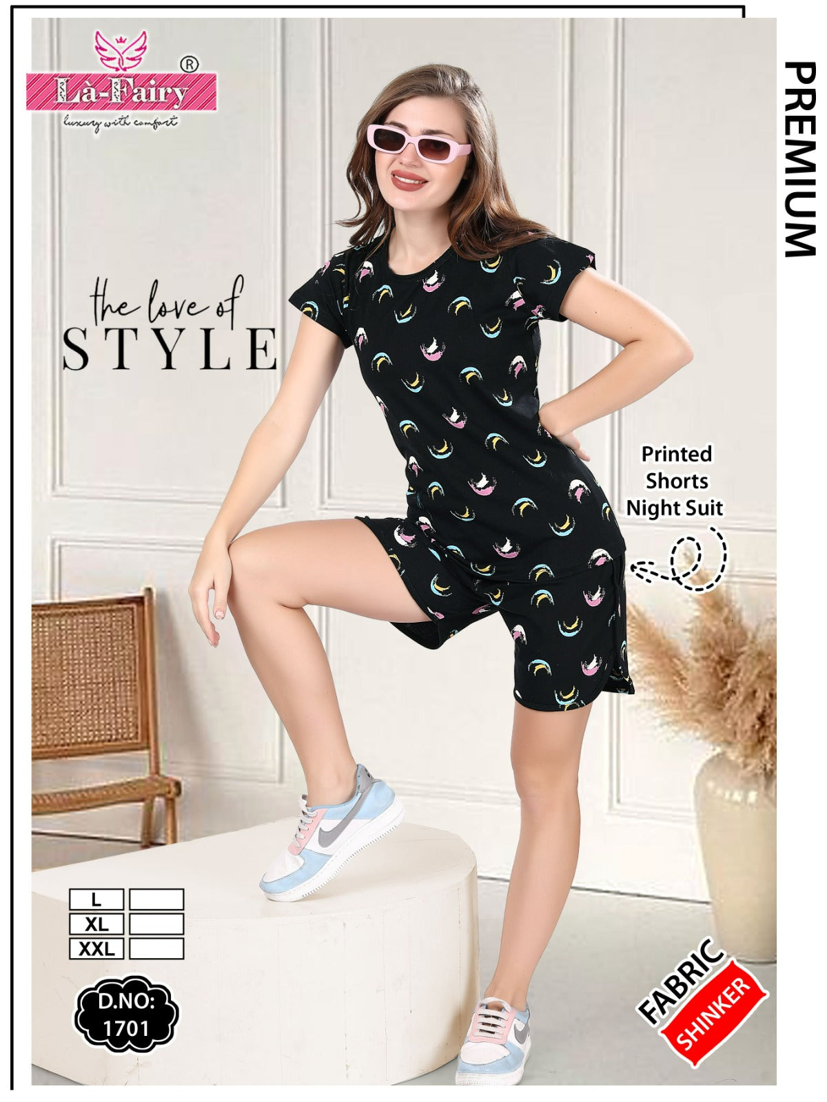 Print Design 1701 La Fairy Sinker Shorts Night Suits Wholesale Rate