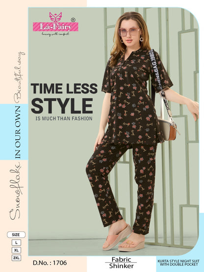 Print Design 1706 La Fairy Sinker Kurta Night Suits Wholesale Price