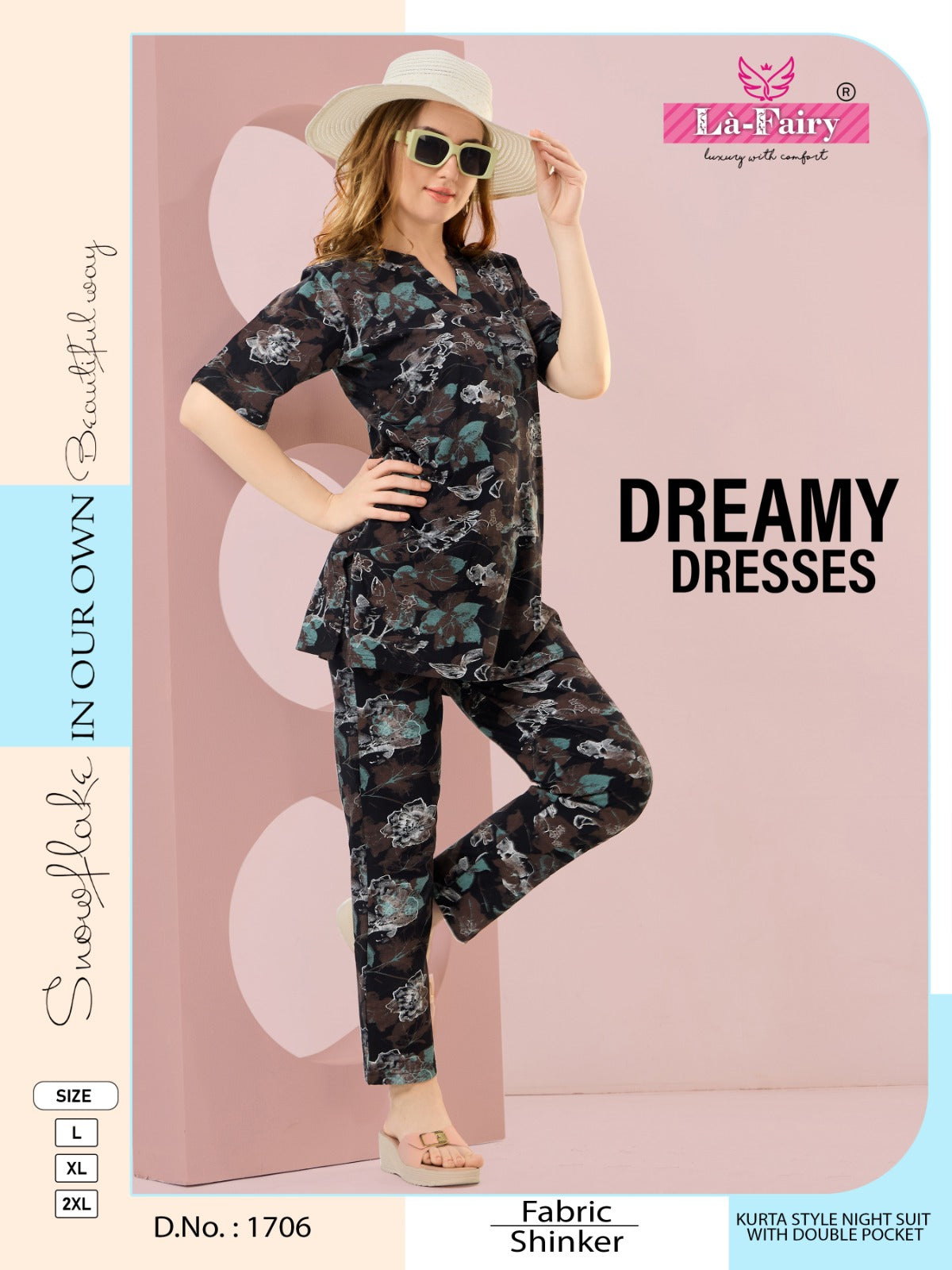 Print Design 1706 La Fairy Sinker Kurta Night Suits Wholesale Price