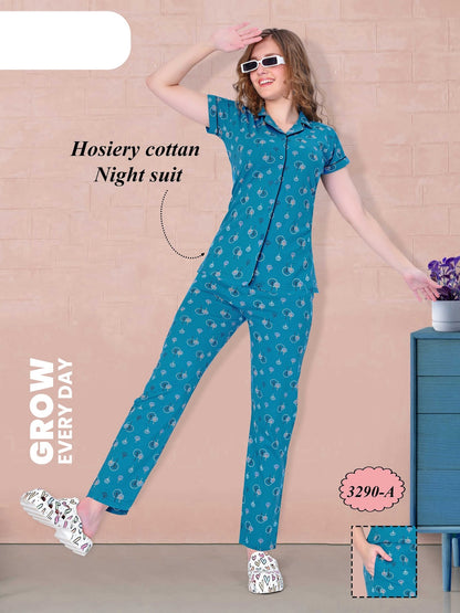 Print Design 3290 A Wld Cotton Collar Night Suits Manufacturer India