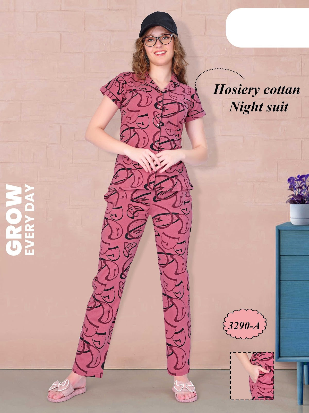 Print Design 3290 A Wld Cotton Collar Night Suits Manufacturer India