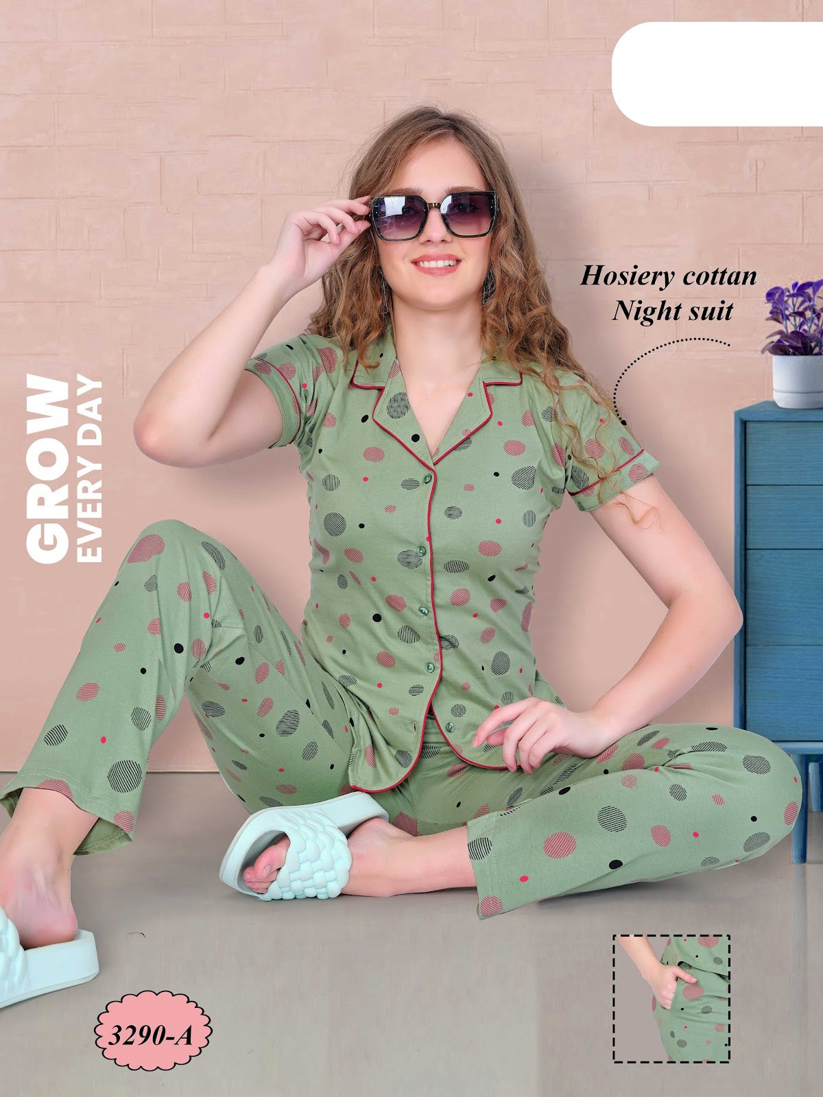 Print Design 3290 A Wld Cotton Collar Night Suits Manufacturer India