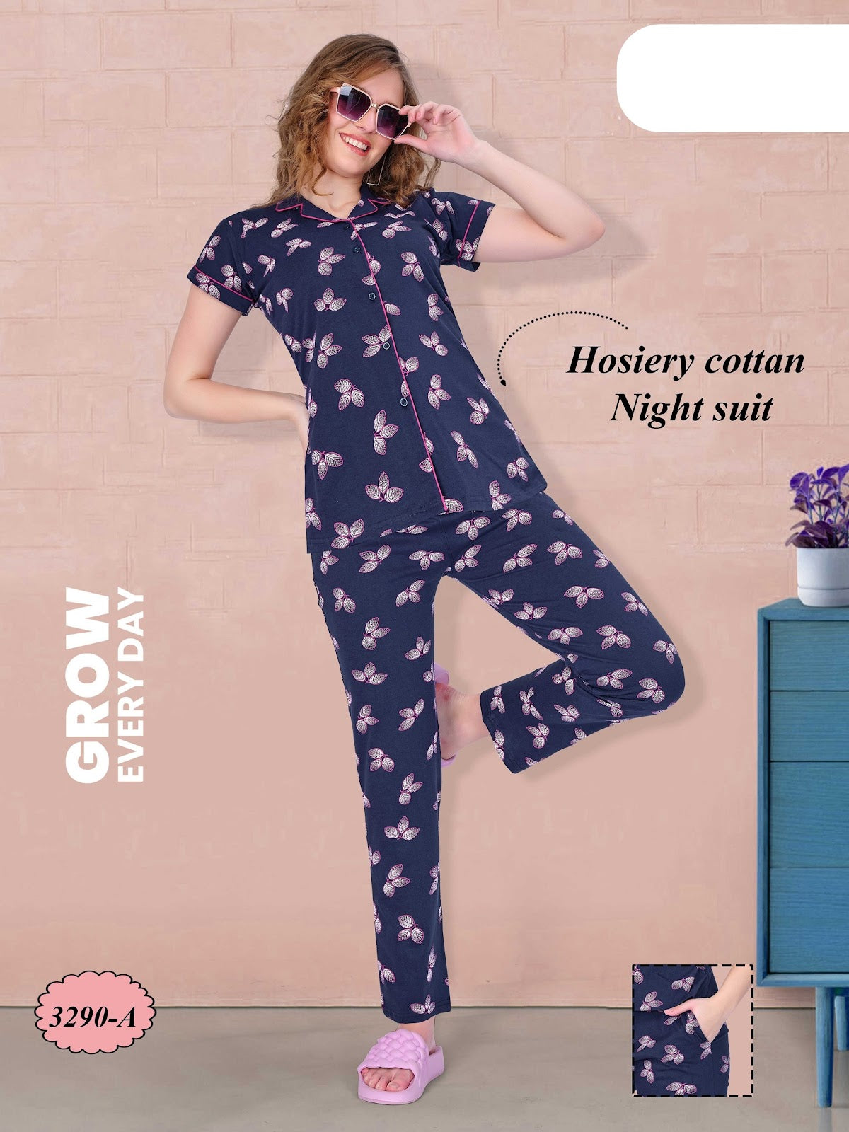 Print Design 3290 A Wld Cotton Collar Night Suits Manufacturer India