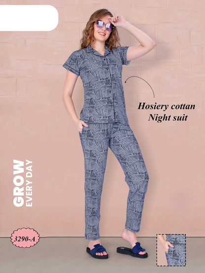 Print Design 3290 A Wld Cotton Collar Night Suits Manufacturer India