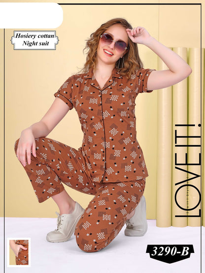 Print Design 3290 B Wld Cotton Collar Night Suits Supplier India