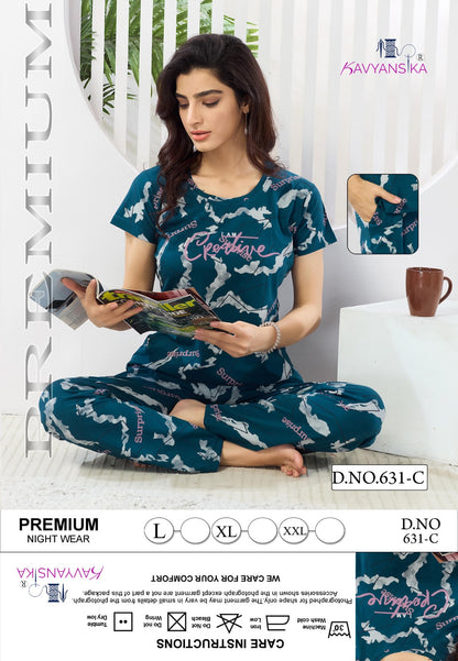 Print Design 631 Kavyansika Hosiery Pyjama Night Suits Supplier India