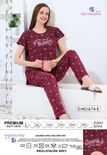 Print To Print Design 674 Kavyansika Hosiery Cotton Pyjama Night Suits Supplier India