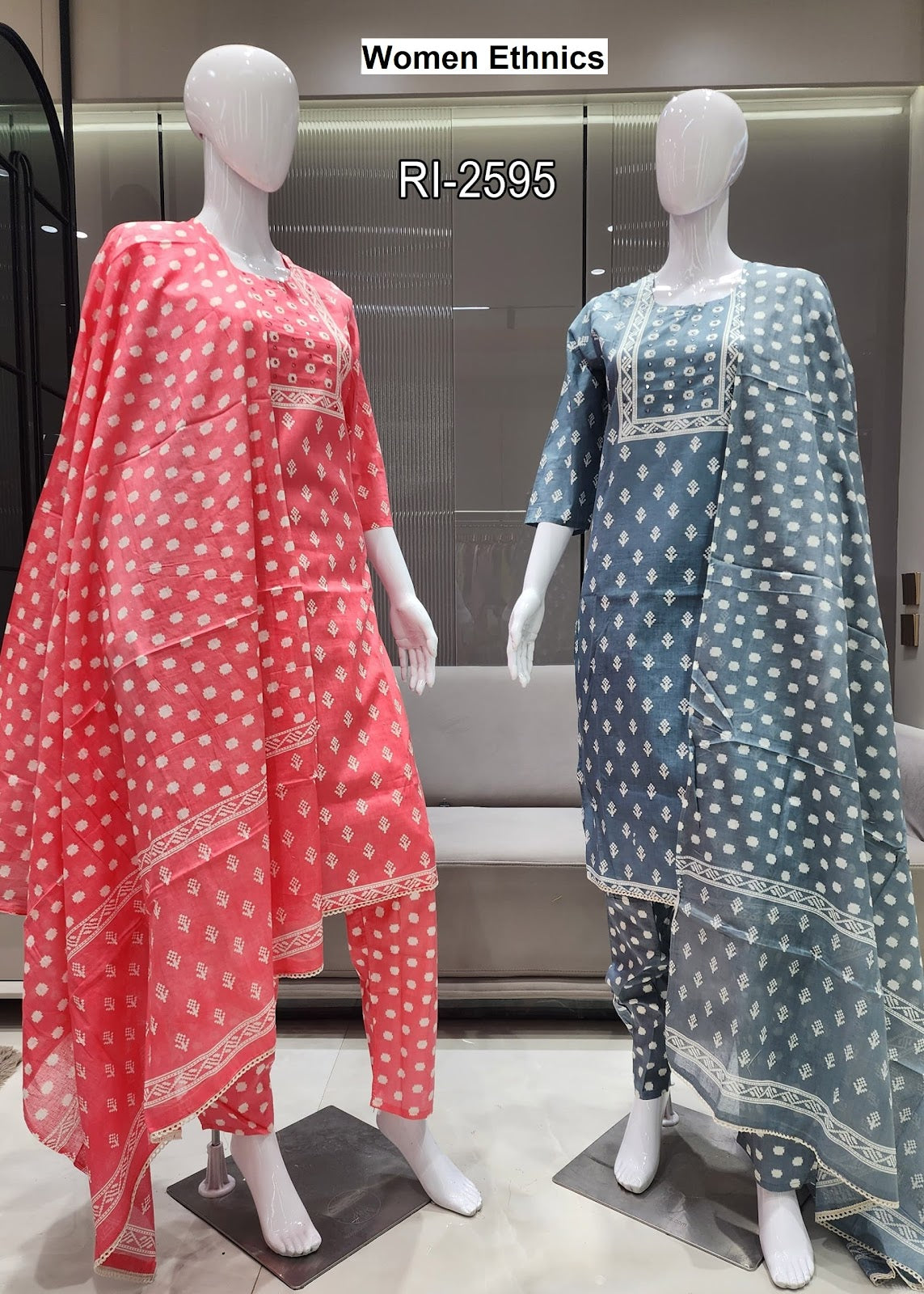 Print To Print Women Ethnics Cotton Readymade Pant Style Suits Wholesaler