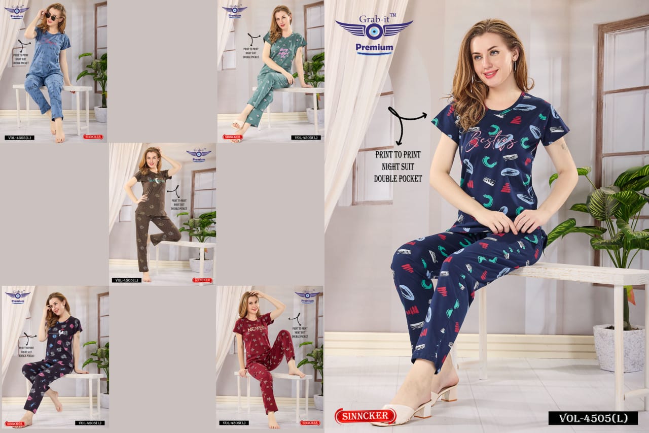 Print Vol 4505 L Grab It Sinker Pyjama Night Suits Supplier India