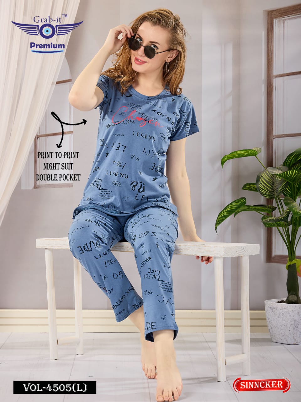 Print Vol 4505 L Grab It Sinker Pyjama Night Suits Supplier India