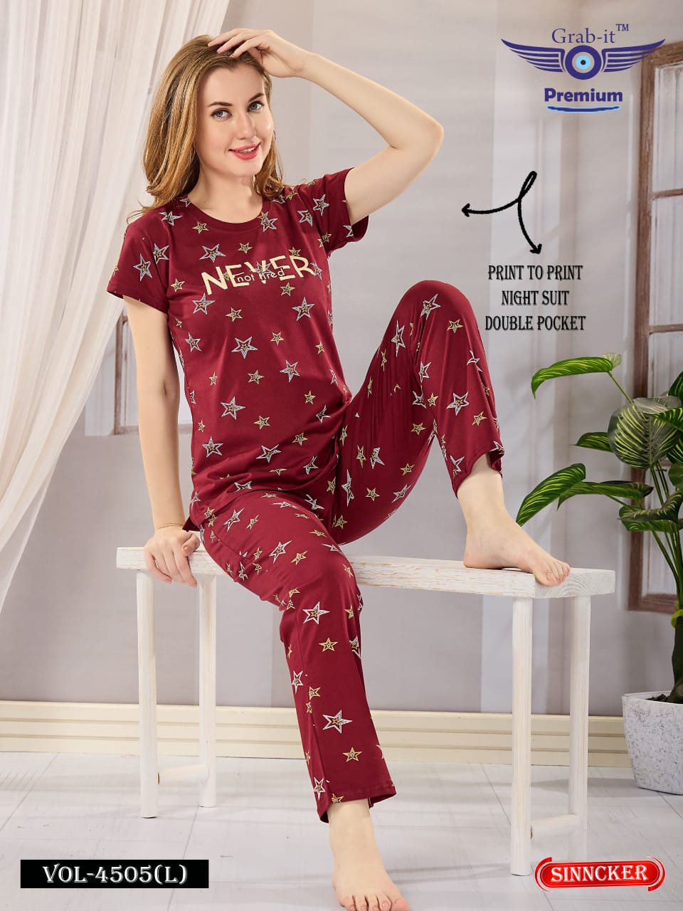 Print Vol 4505 L Grab It Sinker Pyjama Night Suits Supplier India