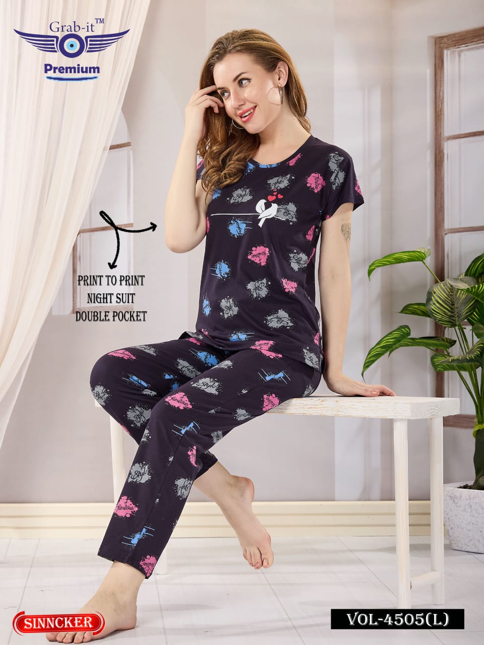 Print Vol 4505 L Grab It Sinker Pyjama Night Suits Supplier India